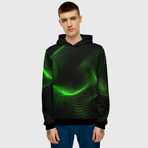 Мужская толстовка Зеленая абстракция на черном фоне / 3D-Черный – фото 3