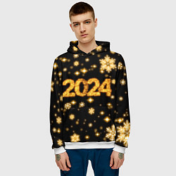 Толстовка-худи мужская Новый 2024 год - золотые снежинки, цвет: 3D-белый — фото 2