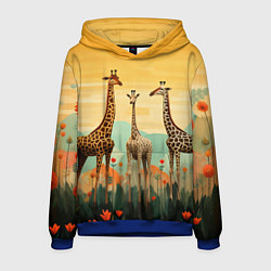 Толстовка-худи мужская Три жирафа в стиле фолк-арт, цвет: 3D-синий