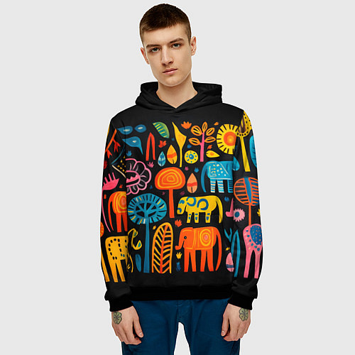 Мужская толстовка Африканский узор со слонами - нейросеть / 3D-Черный – фото 3