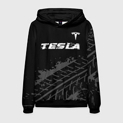 Мужская толстовка Tesla speed на темном фоне со следами шин посереди