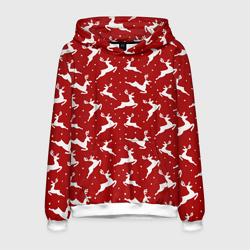 Мужская толстовка Красный паттерн с новогодними оленями / 3D-Белый – фото 1