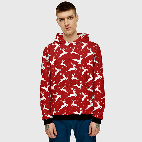 Мужская толстовка Красный паттерн с новогодними оленями / 3D-Черный – фото 3