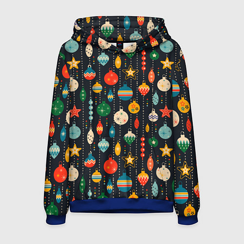 Мужская толстовка Новогодние ёлочные игрушки на черном фоне / 3D-Синий – фото 1