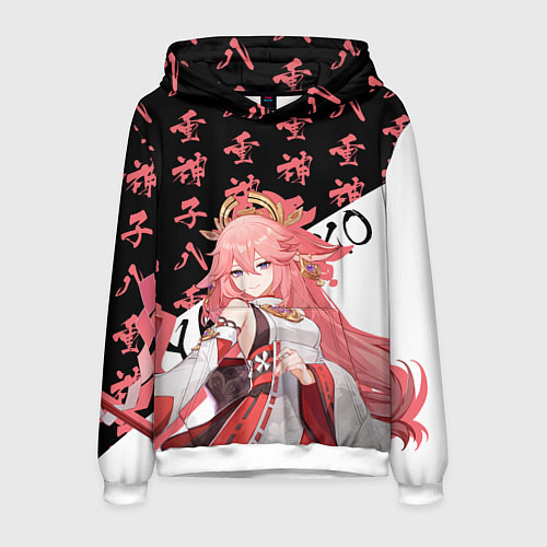 Мужская толстовка Яэ Мико иероглифы - Геншин Импакт / 3D-Белый – фото 1