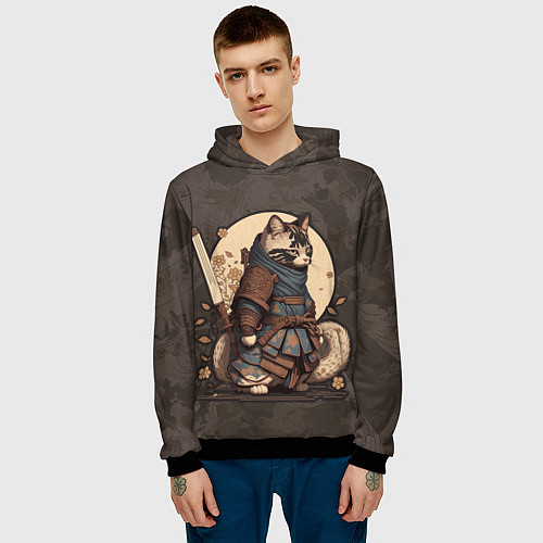 Мужская толстовка Кошачий самурай в японском стиле / 3D-Черный – фото 3