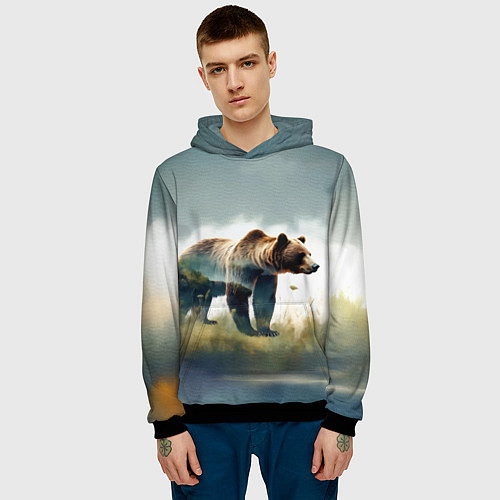 Мужская толстовка Минималистичный пейзаж с медведем акварель / 3D-Черный – фото 3