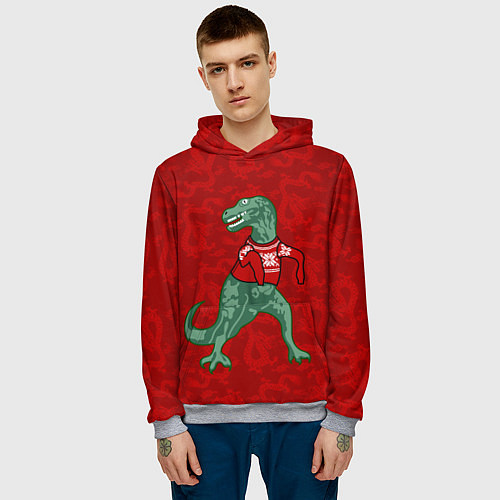 Мужская толстовка Динозавр в свитере - новогодние драконы / 3D-Меланж – фото 3