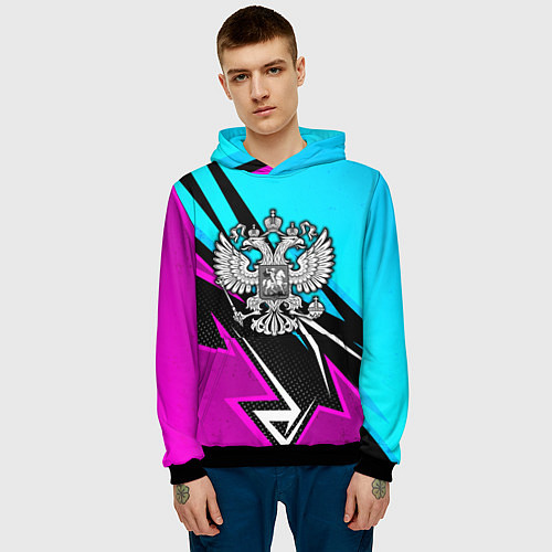 Мужская толстовка Герб рф - неоновый / 3D-Черный – фото 3