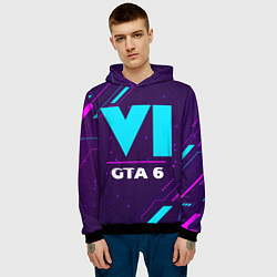 Толстовка-худи мужская Символ GTA 6 в неоновых цветах на темном фоне, цвет: 3D-черный — фото 2