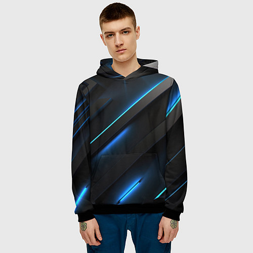 Мужская толстовка Черная конструкция с синими неоновыми вставками / 3D-Черный – фото 3