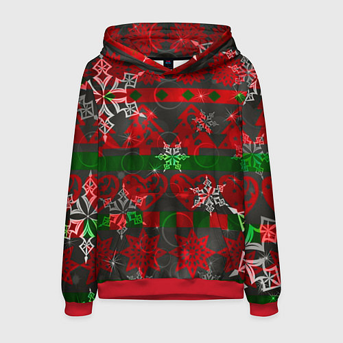 Мужская толстовка Рождественские узоры ёлки и снежинки / 3D-Красный – фото 1