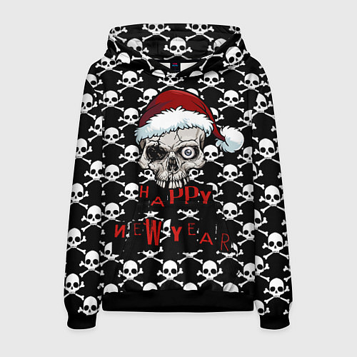 Мужская толстовка Happy New Year новогодний череп / 3D-Черный – фото 1