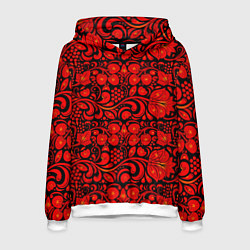Толстовка-худи мужская Хохломская роспись красные цветы и ягоды на чёрном, цвет: 3D-белый