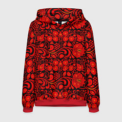 Толстовка-худи мужская Хохломская роспись красные цветы и ягоды на чёрном, цвет: 3D-красный