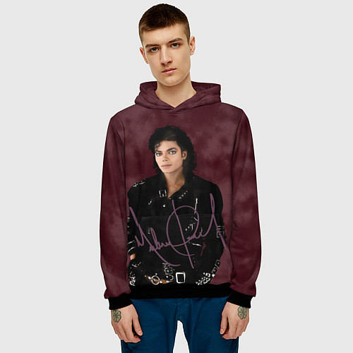 Мужская толстовка Michael Jackson на бордовом фоне / 3D-Черный – фото 3