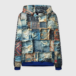 Толстовка-худи мужская Деним пэчворк-ржавчина, цвет: 3D-синий