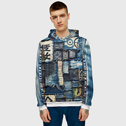 Толстовка-худи мужская Иероглифы на пэчворк дениме, цвет: 3D-белый — фото 2
