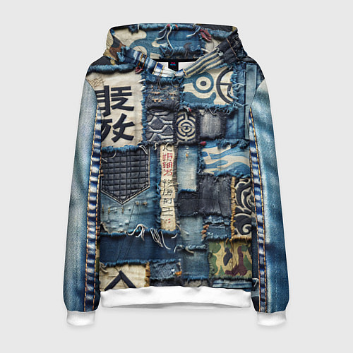 Мужская толстовка Иероглифы на пэчворк дениме / 3D-Белый – фото 1