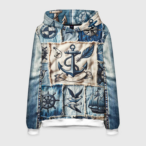 Мужская толстовка Пэчворк с якорем - джинсовка моряка / 3D-Белый – фото 1
