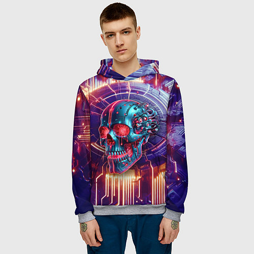 Мужская толстовка Cyber art skull - steel metal / 3D-Меланж – фото 3