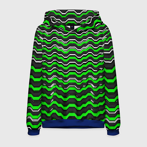 Мужская толстовка Белые и зелёные полосы на чёрном фоне / 3D-Синий – фото 1