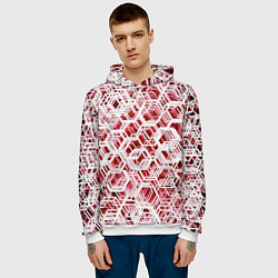 Толстовка-худи мужская Хаотичный гексагональный каркас в красном тумане, цвет: 3D-белый — фото 2