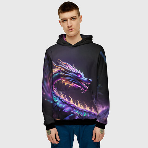 Мужская толстовка Неоновый сиреневый дракон на черном фоне / 3D-Черный – фото 3