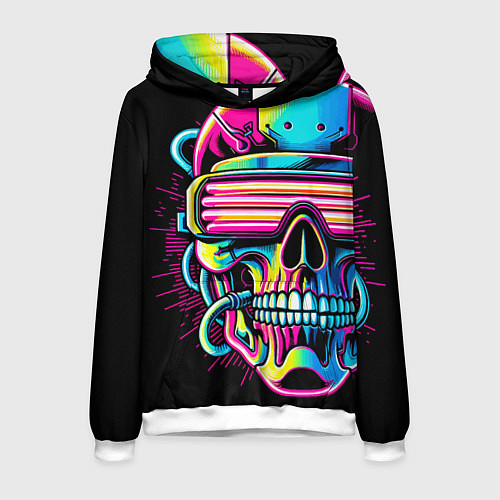 Мужская толстовка Cyber skull - ai art neon / 3D-Белый – фото 1