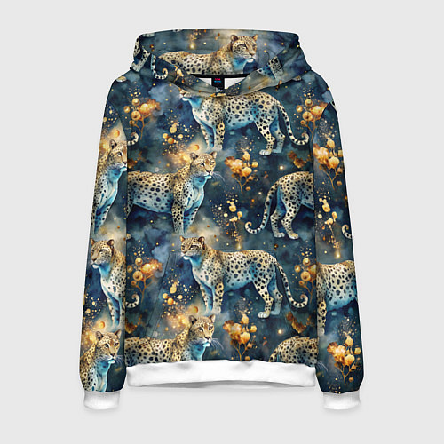 Мужская толстовка Леопард и золотые капли на синем фоне / 3D-Белый – фото 1