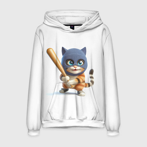Мужская толстовка Прикольный котёнок с бейсбольной битой и в балакла / 3D-Белый – фото 1