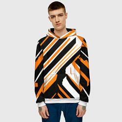Толстовка-худи мужская Чёрно-оранжевые полосы на белом фоне, цвет: 3D-белый — фото 2