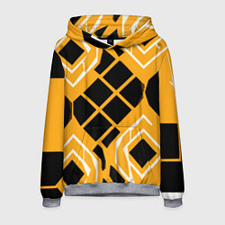 Толстовка-худи мужская Чёрные квадраты и белые полосы на оранжевом фоне, цвет: 3D-меланж