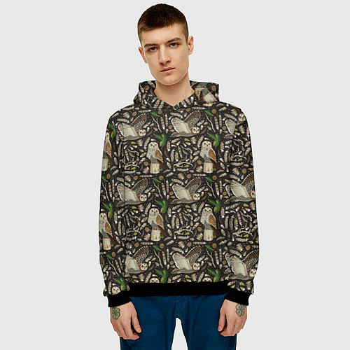 Мужская толстовка Совы в сосновом лесу / 3D-Черный – фото 3