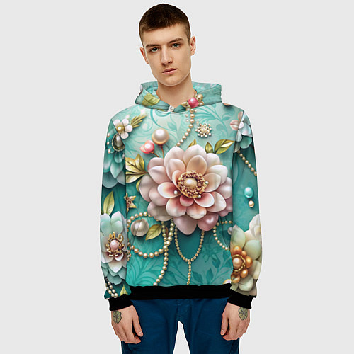 Мужская толстовка Объемные цветы и жемчуг / 3D-Черный – фото 3