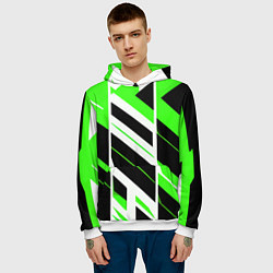 Толстовка-худи мужская Black and green stripes on a white background, цвет: 3D-белый — фото 2