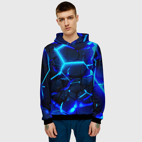 Мужская толстовка Яркие голубые неоновые плиты в разломе / 3D-Черный – фото 3