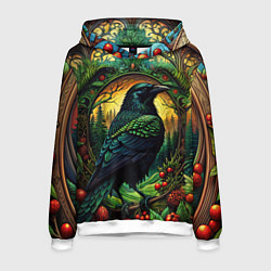 Толстовка-худи мужская Скандинавский ворон лесной узор, цвет: 3D-белый