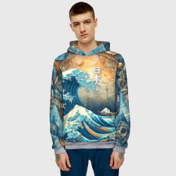 Толстовка-худи мужская Коллаж с Японской волной - нейросеть, цвет: 3D-меланж — фото 2