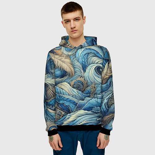 Мужская толстовка Паттерн из перьев и джинсы - нейросеть / 3D-Черный – фото 3