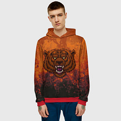 Толстовка-худи мужская Бурый свирепый медведь на абстрактном фоне, цвет: 3D-красный — фото 2