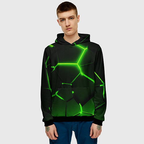 Мужская толстовка Темные зеленые неоновые плиты в разломе / 3D-Черный – фото 3