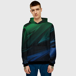 Толстовка-худи мужская Зелено-синие абстрактные объемные полосы, цвет: 3D-черный — фото 2