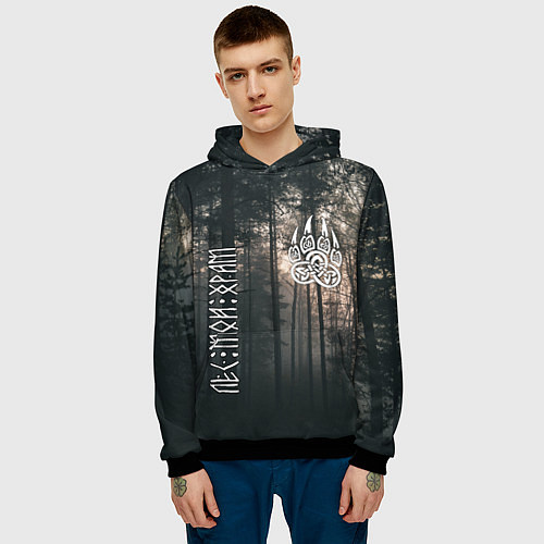Мужская толстовка Символ волчья лапа и сумрачный лес - лес мой храм / 3D-Черный – фото 3