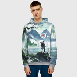 Толстовка-худи мужская Самурай на берегу горного озера - нейросеть, цвет: 3D-меланж — фото 2