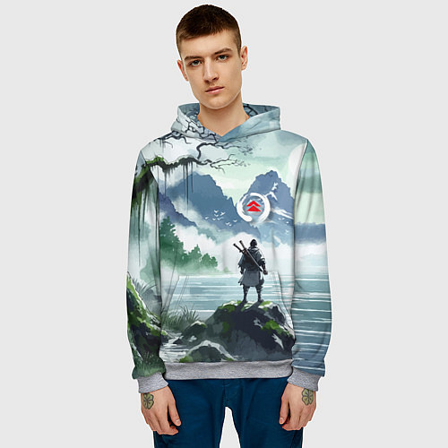 Мужская толстовка Самурай на берегу горного озера - нейросеть / 3D-Меланж – фото 3