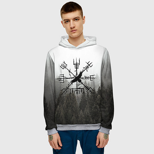 Мужская толстовка Ворон в обережном компасе на фоне леса / 3D-Меланж – фото 3