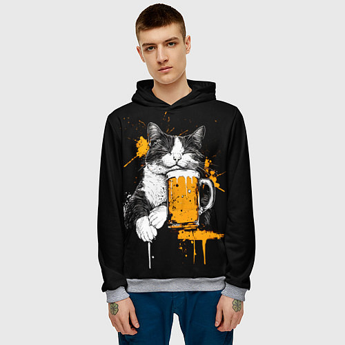 Мужская толстовка Уставший кот с кружкой пива / 3D-Меланж – фото 3