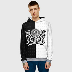 Толстовка-худи мужская Волки с узлом воина и ставом рун - бессмертие, цвет: 3D-меланж — фото 2