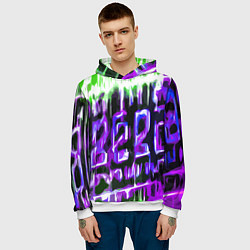 Толстовка-худи мужская Фиолетово-зелёная абстракция на чёрном фоне, цвет: 3D-белый — фото 2